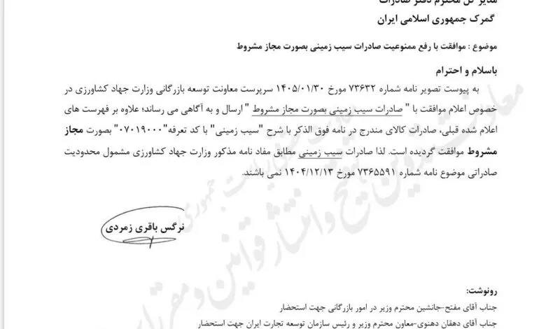 رفع مشروط ممنوعیت صادرات سیب زمینی ابلاغ شد