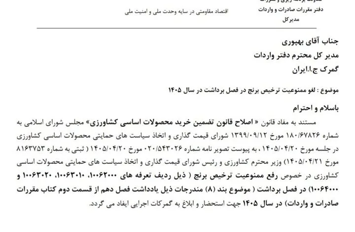 ترخیص برنج در فصل برداشت آزاد شد