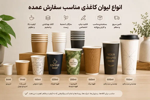 انواع لیوان کاغذی در ظرفیتهای مختلف برای خرید عمده
